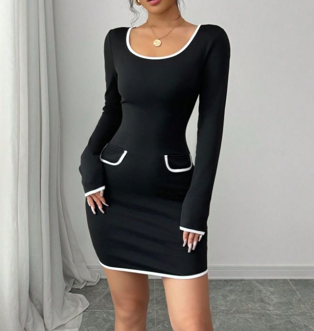 Abito a tubino aderente a maniche lunghe in maglia a blocchi di colore da donna_voghion.com