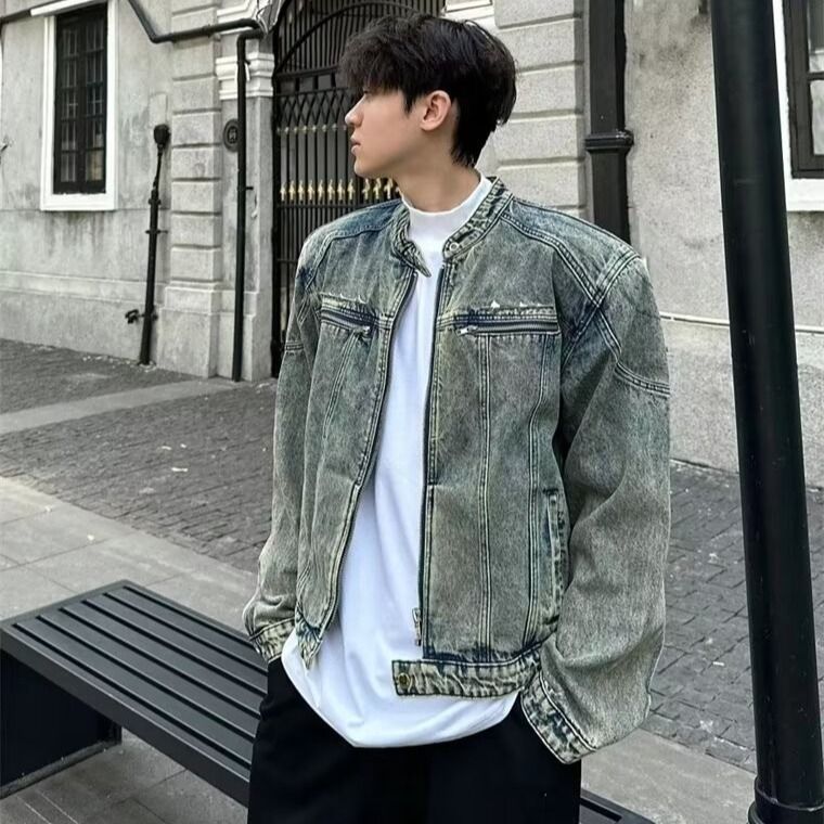 American retro distressed washed short denim jacket for men's spring and autumn training design, shoulder pad jacket_voghion.com