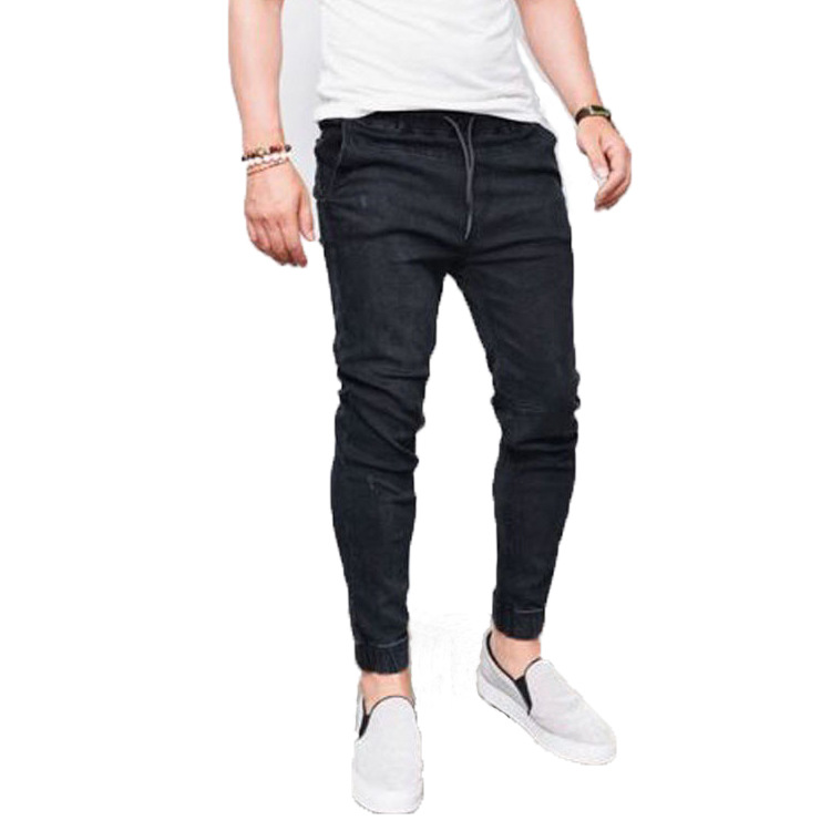 European 2023 Men's Jeans Drawstring Elastic Slim Fit Trousers Jeans for Men Ankle Banded Pants_voghion.com