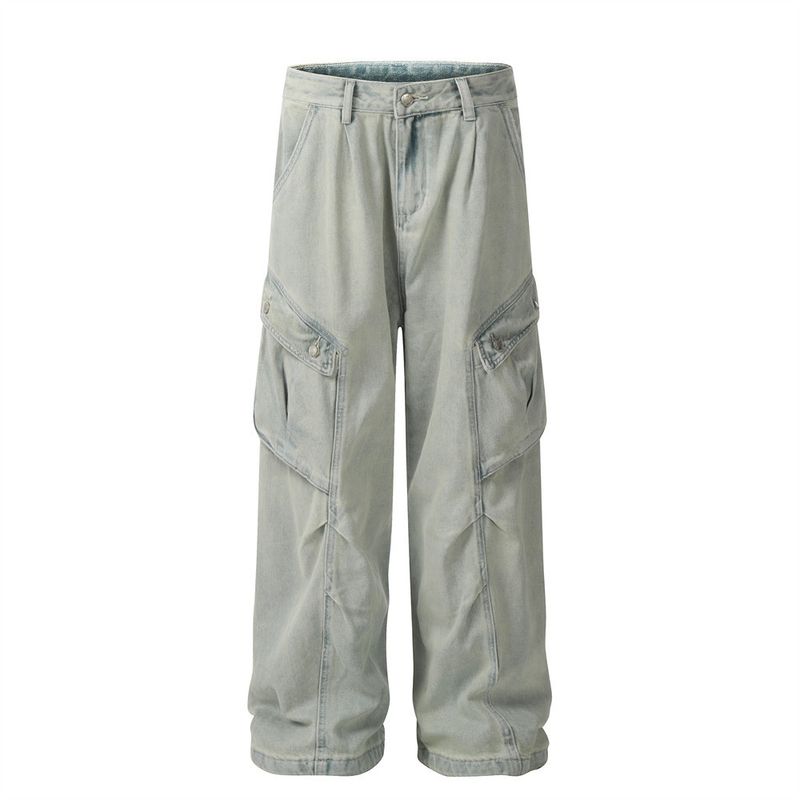 Pantaloni cargo larghi e stropicciati da uomo, in denim lavato vintage, di marca alla moda, di alta qualità, con gamba larga e stropicciata_voghion.com