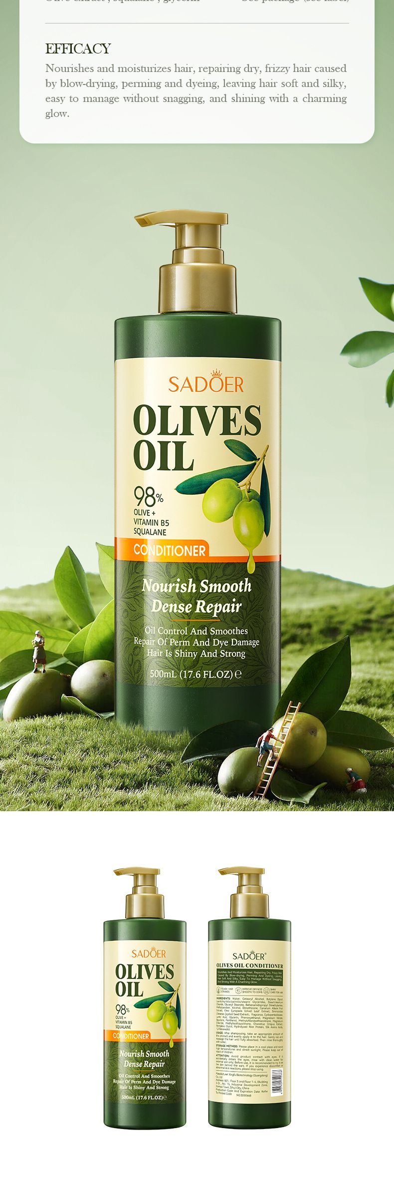 Szampon przeciwłupieżowy i kontrolujący wydzielanie sebum SADOER dla kobiet (zapach Gulong) – seria kosmetyków do pielęgnacji skóry z oliwą z oliwek, szampon 500 ml, żel pod prysznic 500 ml, odżywka 500 ml_voghion.com