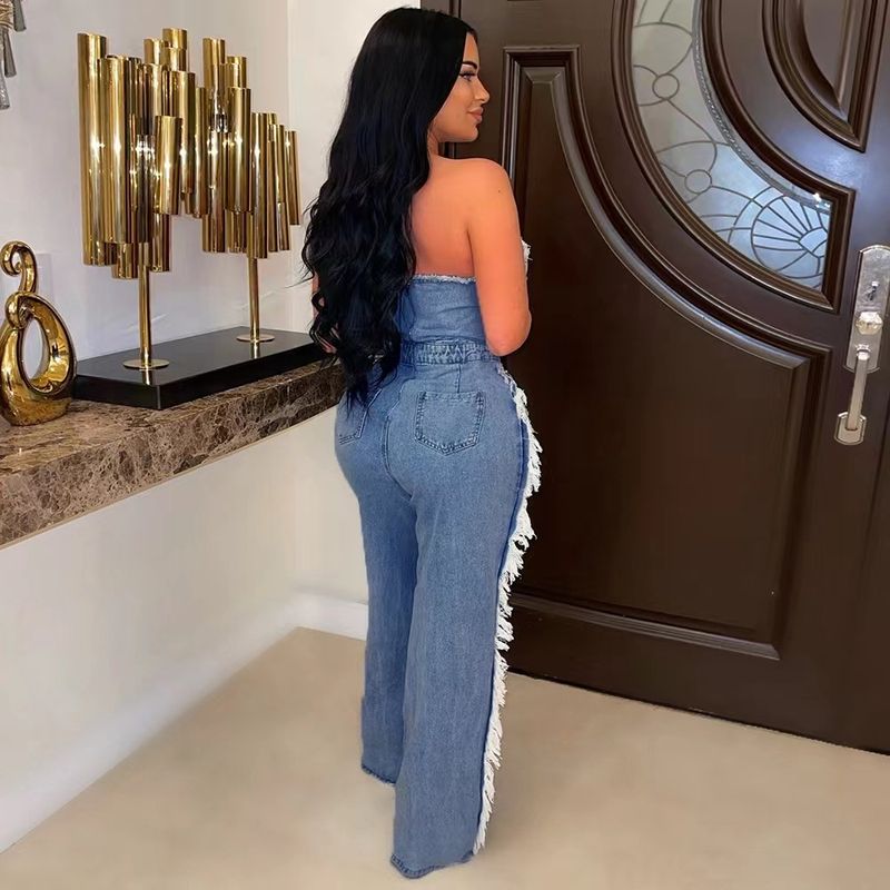 Women's Clothing Tassel Hole Nail Diamond Washed Denim Jumpsuit Trousers_voghion.com