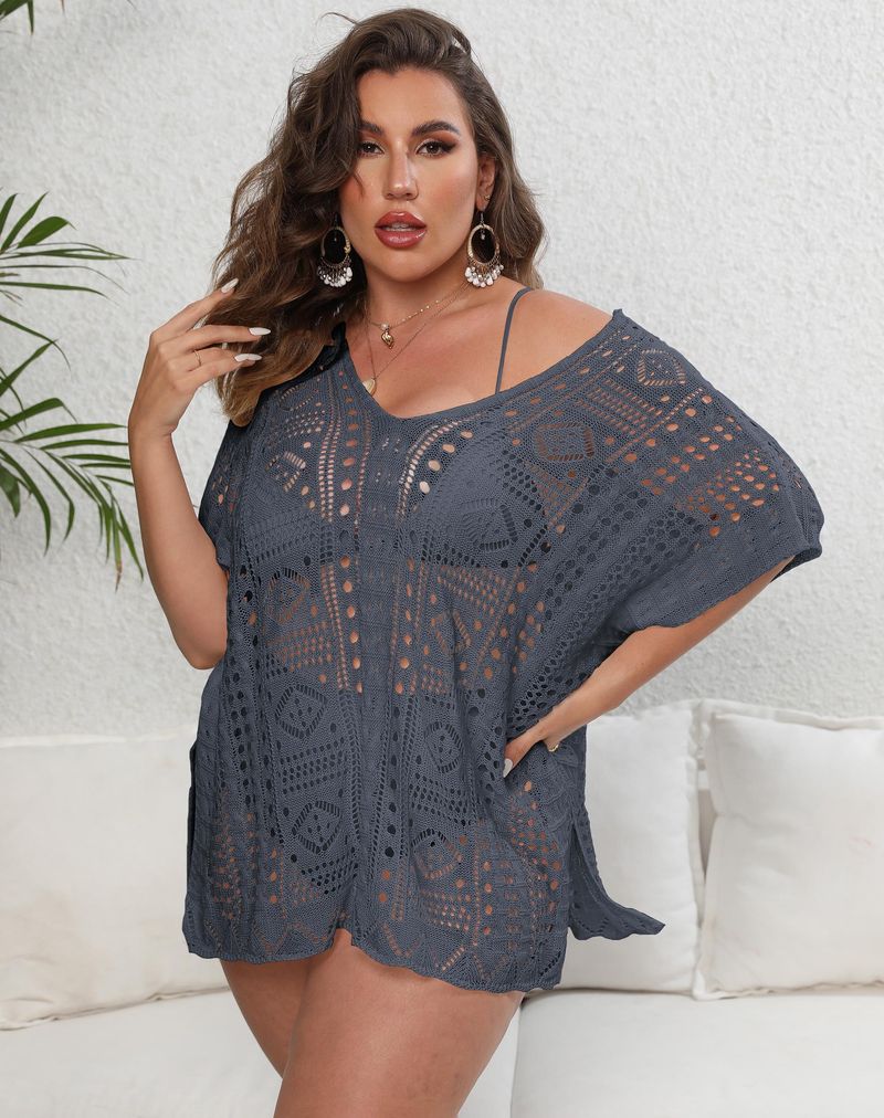 Women's bikini cover-up large size women's woven shirt hollow deep V beach dress_voghion.com