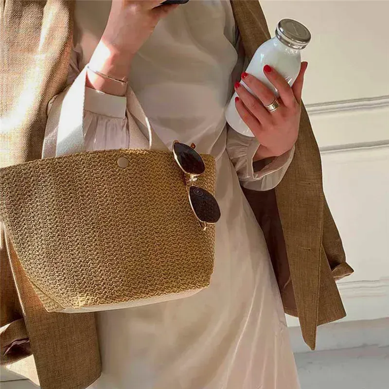 Borsa a tracolla da spiaggia in paglia da donna, stile bohémien, in rattan intrecciato, borsa a secchiello fatta a mano, borse a tracolla per 250314l_voghion.com