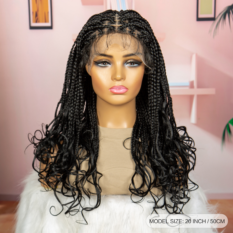 Fashion medium long braided wig head set 9*6 front lace braided braided hair tail large roll synthetic lace wig 180% density simple fashion shape_voghion.com