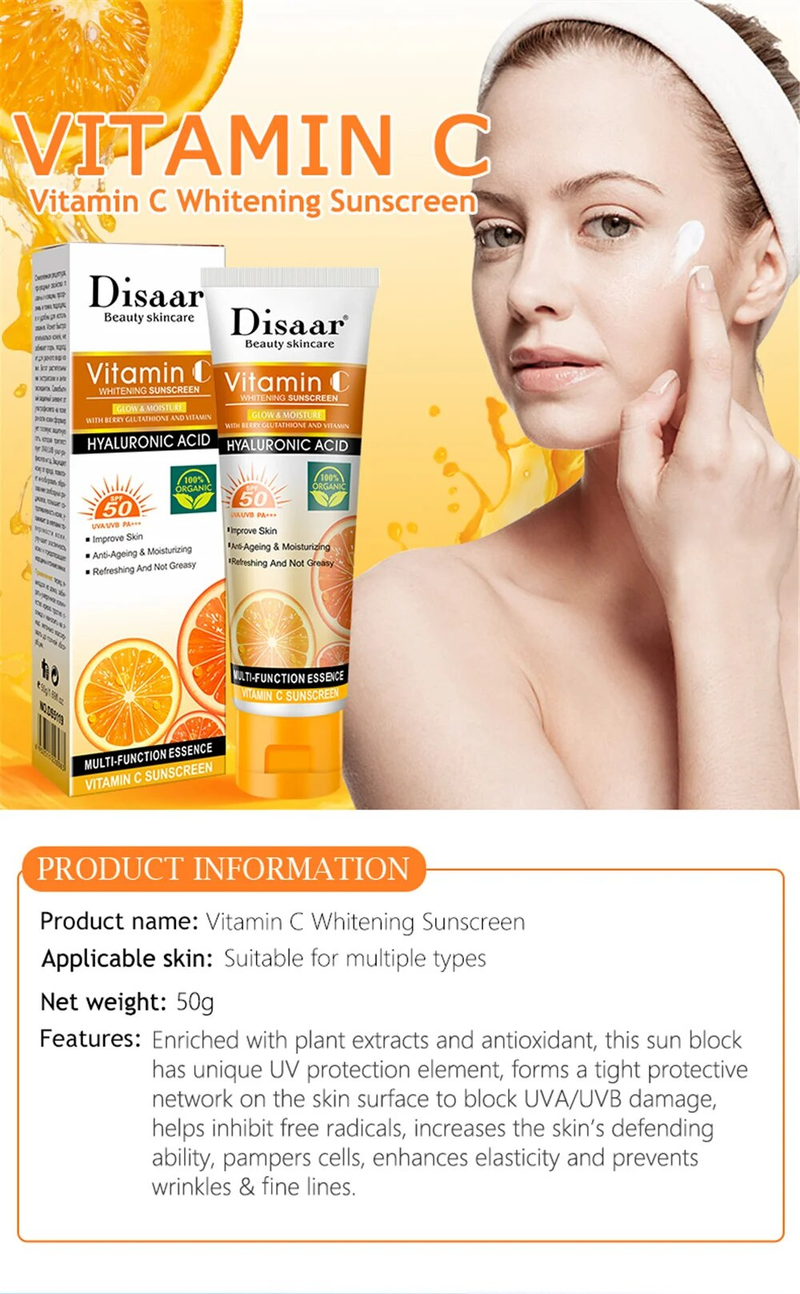 QLZHANFU Disaar VC SPF 50 Sonnenschutz, lang anhaltender UV-Schutz, aufhellender Sonnenblocker, Vitamin C, feuchtigkeitsspendende Hautschutzcreme, 50 g_voghion.com