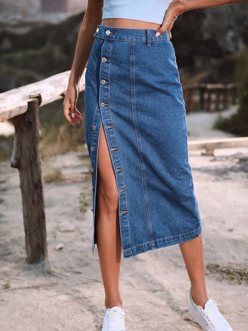 Vrouwen Maxi Pencil Jean Rok Hoge Taille A-Lijn Lange Denim Rokken Ins Button Down Zijsplit Zoom Stretch Blauwe Jean Rok_voghion.com