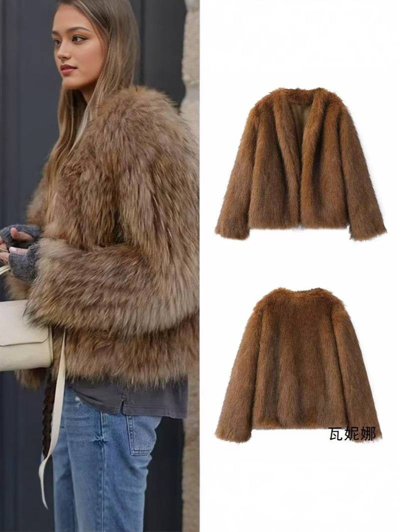 Women's Clothing Winter Faux Fox Fur V-Neck Cardigan With Black Tips – Short Sleeve Elegant Streetwear (Sizes S/M/L)_voghion.com