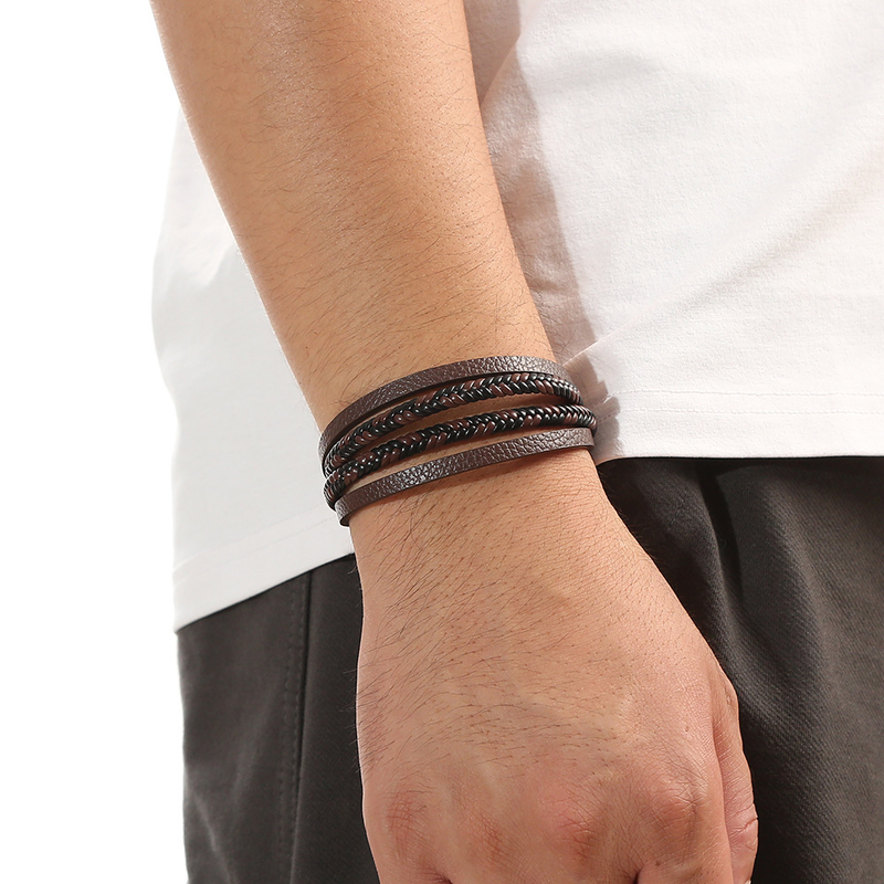 new leather hand woven bracelet men's magnet buckle stainless steel bracelet jewelry women's_voghion.com