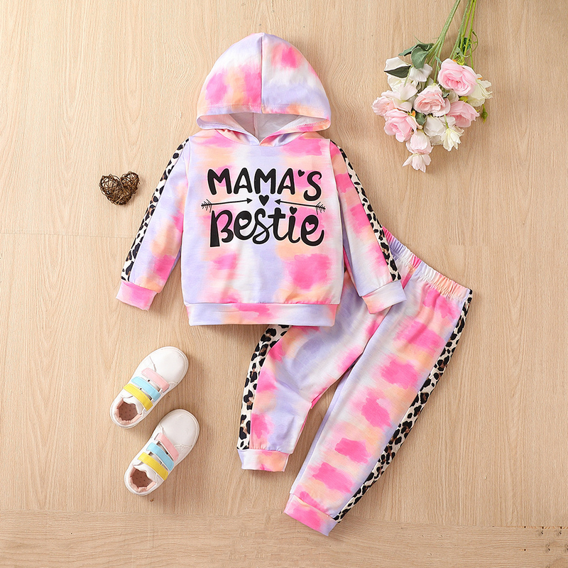 Mother&Kids Letter combinazione tie-dye con felpa con cappuccio in due pezzi alla moda per bambini_voghion.com