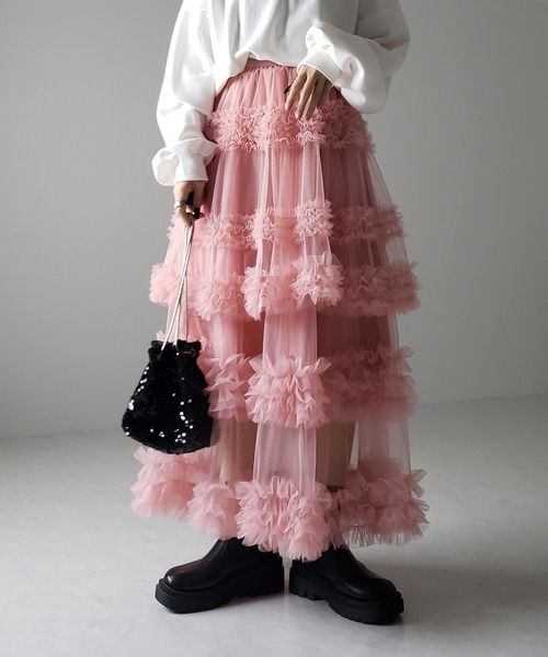 K Three-layer Pleated Net Skirt With Japanese Style; Long Skirt With Three-dimensional Decoration. Without A Bag Or Other Accessories_voghion.com