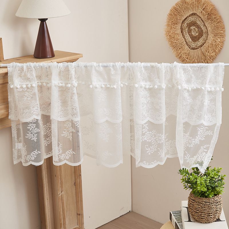 Amerikanischer nordischer weißer Spitzen-Küchentrennvorhang mit Haarballen, Kaffeevorhang, Türvorhang, Erkerfenster, kurzer Vorhang, Schrank, dekorativer Vorhang_voghion.com