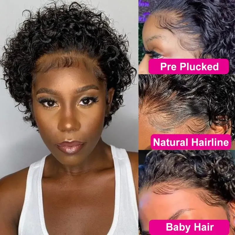 Djupvågig Pixie Cut Lace Frontal Peruk Kort Bob Remy Äkta Hår Preplucked_voghion.com