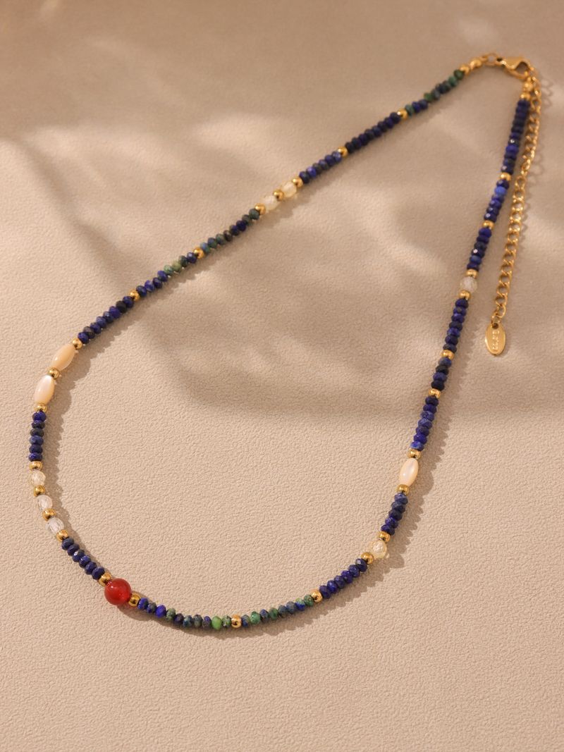 Collana in stile etnico con catenina per clavicola in zircone con conchiglia di lapislazzuli naturale retrò Sugar Cube e design di nicchia in agata rossa_voghion.com