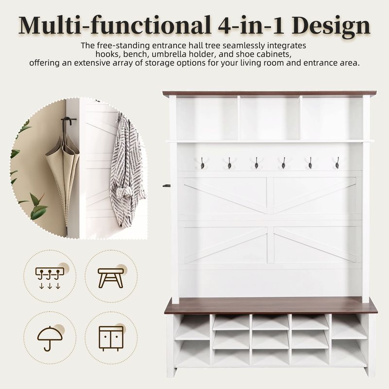 ON-TREND Farmhouse 4-in-1 Hall Tree With 6 Hooks, Practical Walnut Entryway Bench With Adjustable Shelves, Wooden Style Rustic Shoe Organizer With 16 Open Compartments For Mudroom, Living Room, White_voghion.com