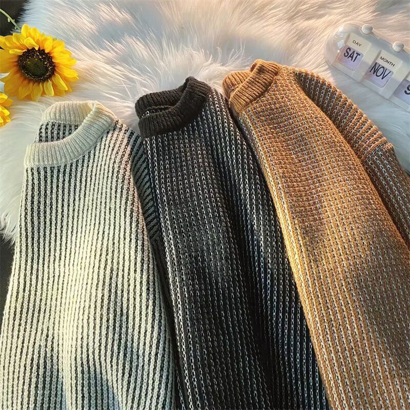Men's & Women's Striped Knit Sweater - Casual Crewneck Pullover With Color Block Design, Soft & Breathable For Fall & Winter_voghion.com