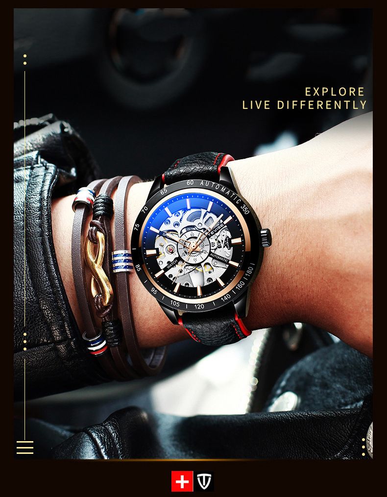 TEVISE men's automatic mechanical watch hollow Tourbillon fashion Men's belt watch T868_voghion.com