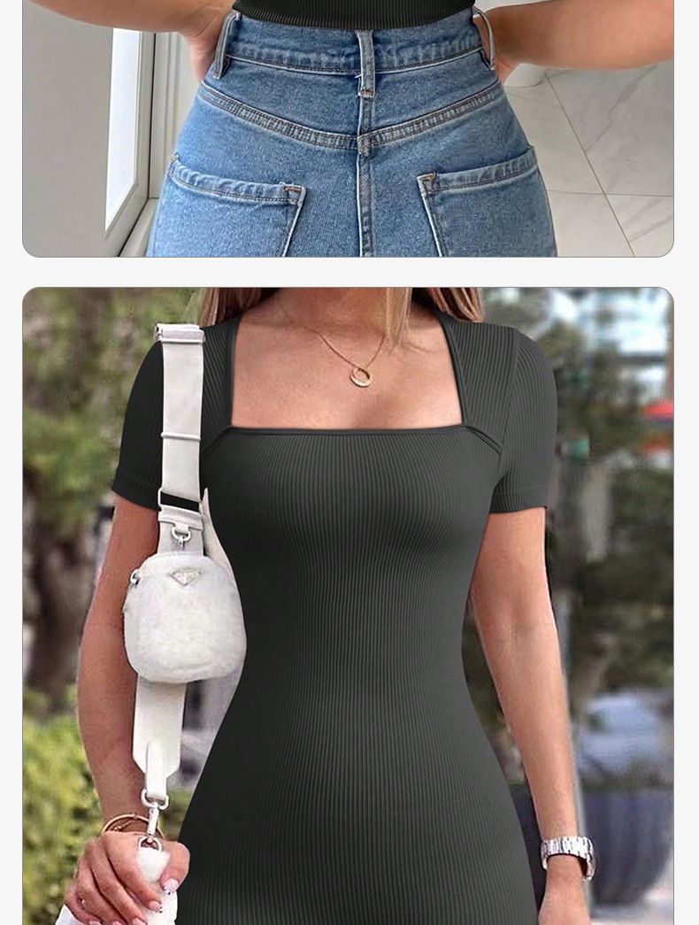 Cross-Border Neue Shorts mit quadratischem Ausschnitt für Damen, schmal geschnitten, hohe Taille, eng anliegend, einfarbig, gerippt, sportlich-lässiger Jumpsuit_voghion.com