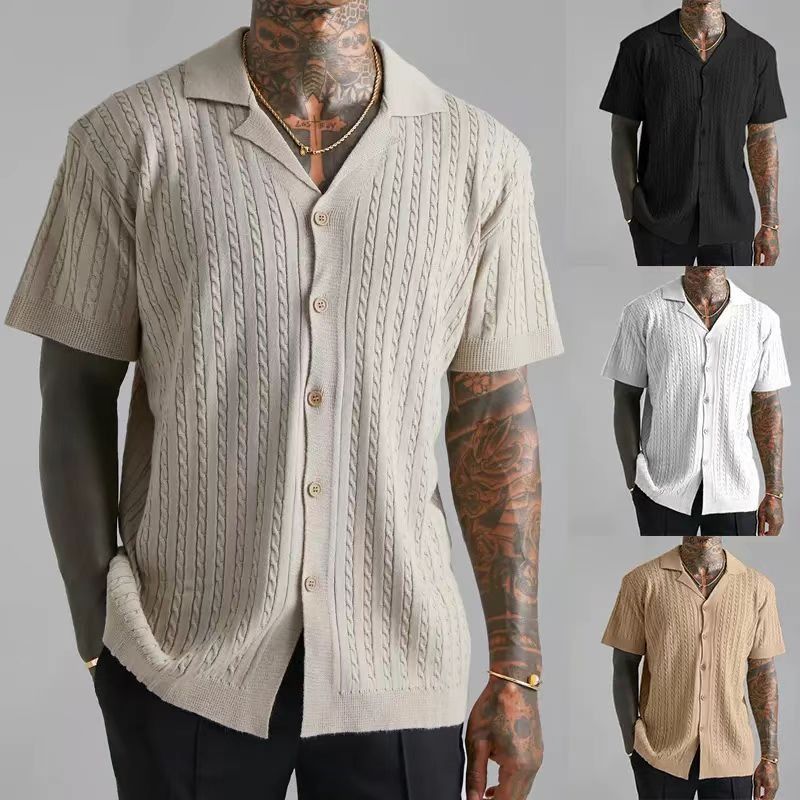 Pulls tricotés pour hommes, nouveaux hauts d'été de couleur unie, manches courtes, revers ajouré, respirant_voghion.com