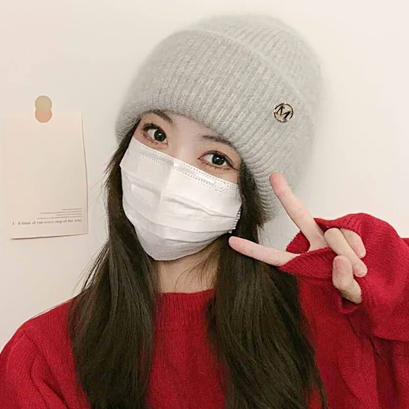 Winter konijnenbont warme gebreide muts pluizige letter M mutsen dames zachte gehoorbescherming veelzijdige elastische vrouwelijke muts_voghion.com