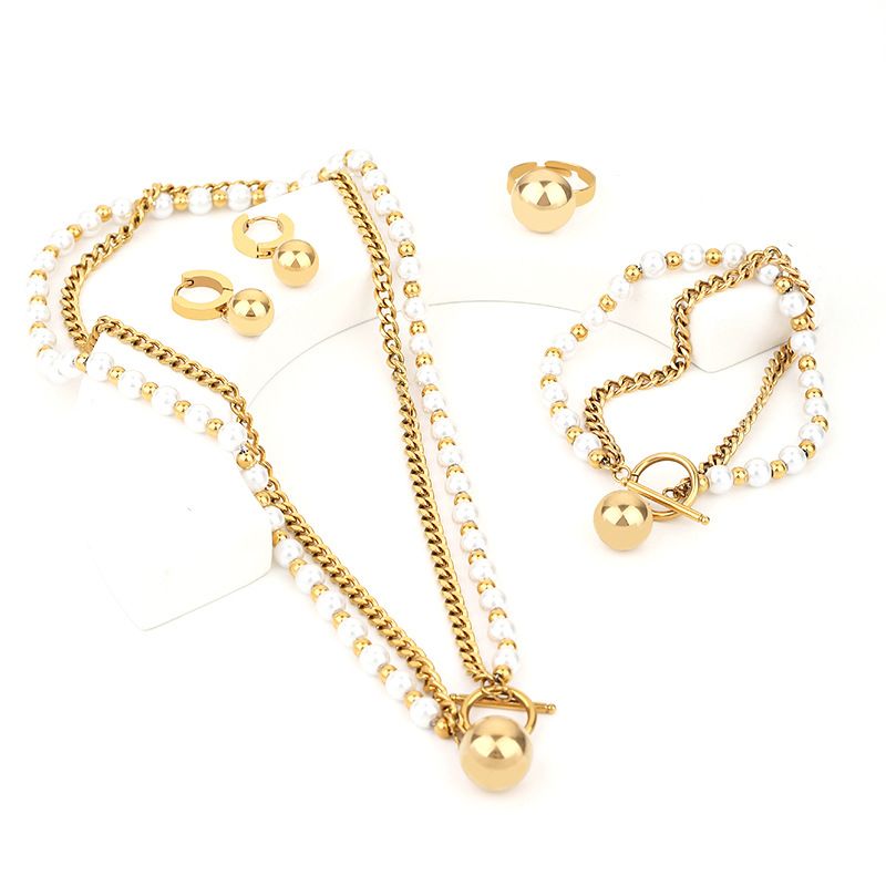 Gute New Trend Cuban Pearl Double Layer Necklace Bracelet Heart Ring Earrings Titanium Steel Non-Fading Set_voghion.com