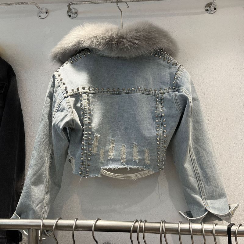Damen-Parka mit Denim-Fellfutter, herausnehmbarem Kaninchenfellfutter und Fuchspelzkragen – Winterwärme in Hellblau und Schwarz_voghion.com