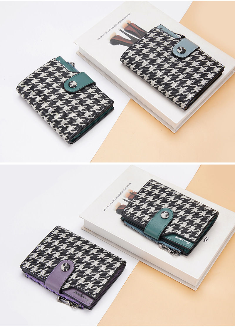 Baellerry Ny Pung Dame Kort Koreansk Stil Houndstooth Kontrast Multi-kort Lynlås Møntpung Korttaske_voghion.com
