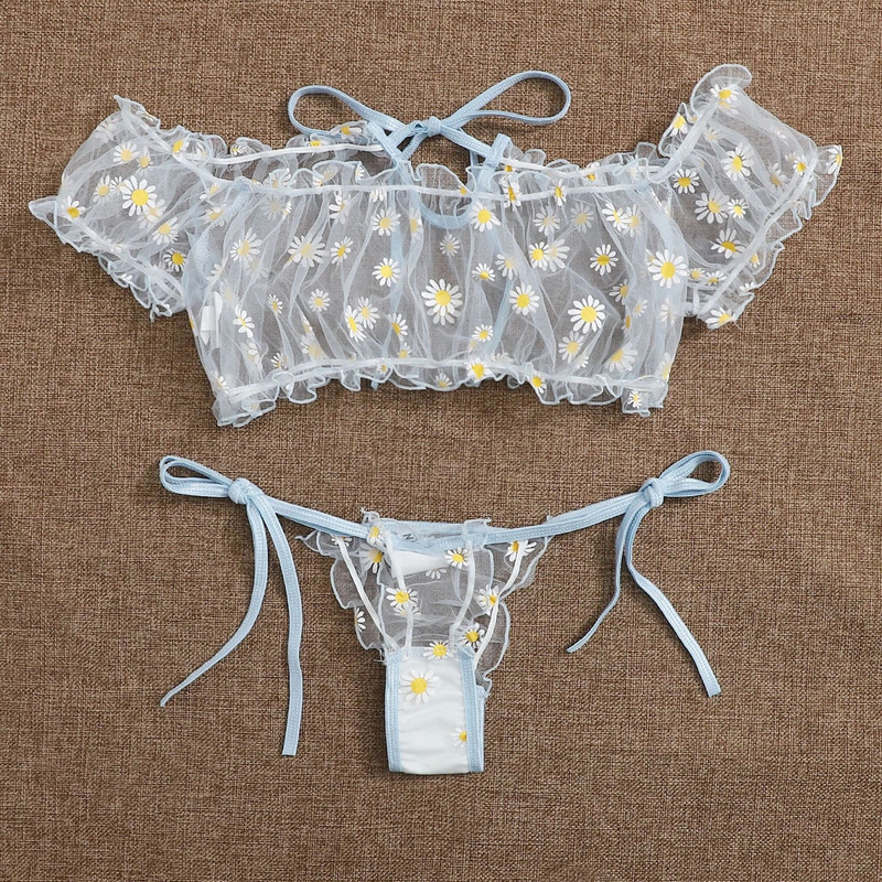 Women Perspective Lingerie Set Embroidery Lace Bowknot Strapless Bra Thong Set Temptation Underwear Sleepwear Nightwear_voghion.com