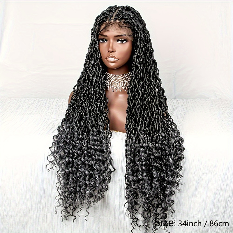 9*6 Lace Front Wig Extra Long Braided Synthetic Wig Synthetic Braiding Wig With Curly Ends Black Wig Natural Looking For Women 34 Inch_voghion.com