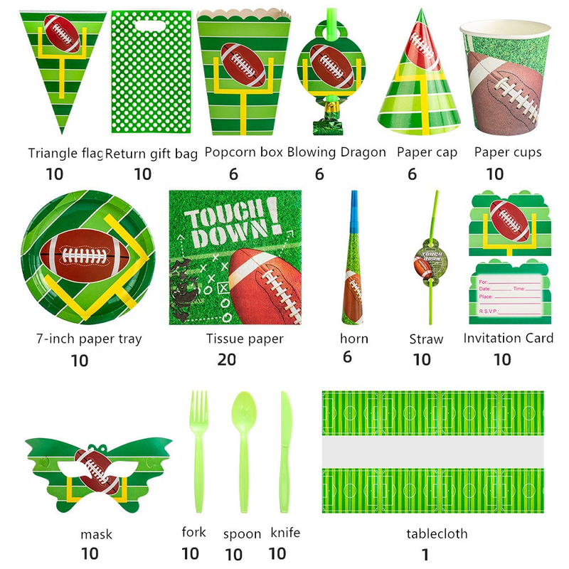 Rugby themed birthday party venue decoration props, disposable paper cups, plates, tableware sets, supplies_voghion.com