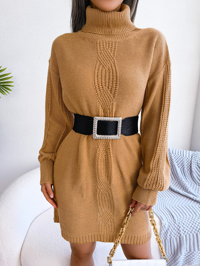 Pulloverkleid für Damen, 2024, lässig, einfarbig, hoher Kragen, langärmlig, Wollkleid ohne Gürtel_voghion.com