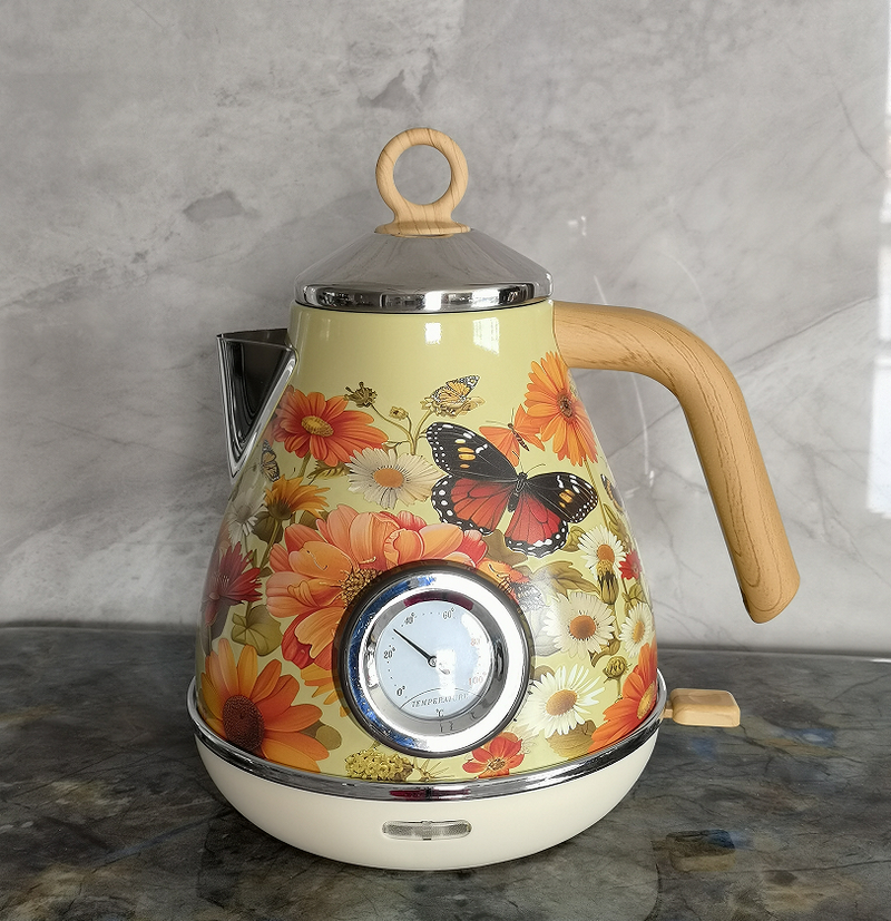 PS3013Ta Flower ūdenszīme krāsota elektriskā tējkanna retro instrumenta termometrs elektriskā tējkannas snīpis var pievienot ūdeni 1850W, lai ātri uzvārītu_voghion.com