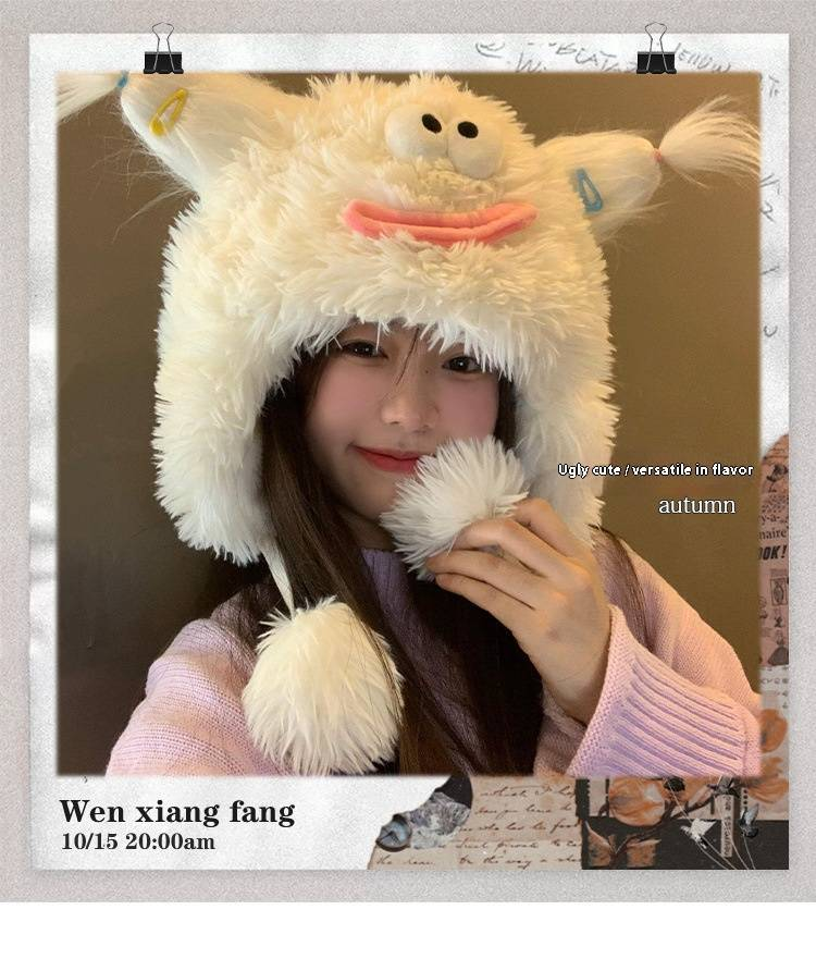 Lustige, hässliche, süße Plüschmütze für Damen, Herbst und Winter, großer Kopfumfang und dicker, warmer Ohrenschutz aus Samt_voghion.com