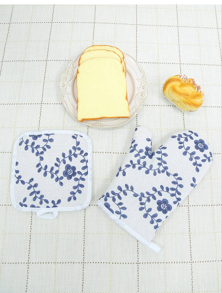 Bohemian Style Microwave Oven Gloves Set - Heat Resistant Cotton Linen Mitts With Geometric Leaf Print (26cm Length, 18cm Width, Washable)_voghion.com