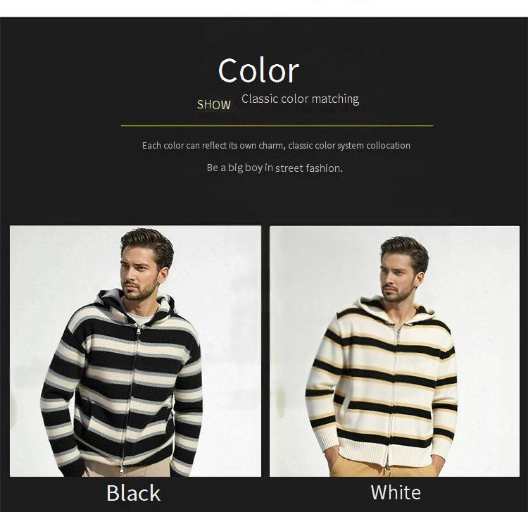 Men's Striped Hooded Sweater – Oversized Knit Pullover (Thickened Fleece Lining, Drop Shoulder, Ribbed Hem, Machine Washable, Streetwear Essential)_voghion.com