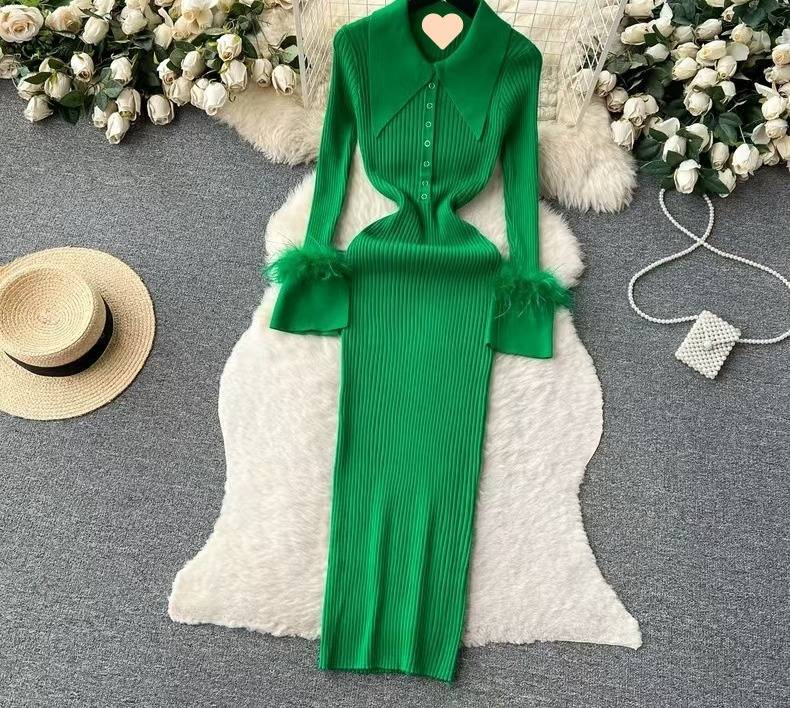 Elegantes Strickkleid mit Federbesatz – Damen-Pulloverkleid in A-Linie mit hoher Taille (S-L, 7 Farben)_voghion.com