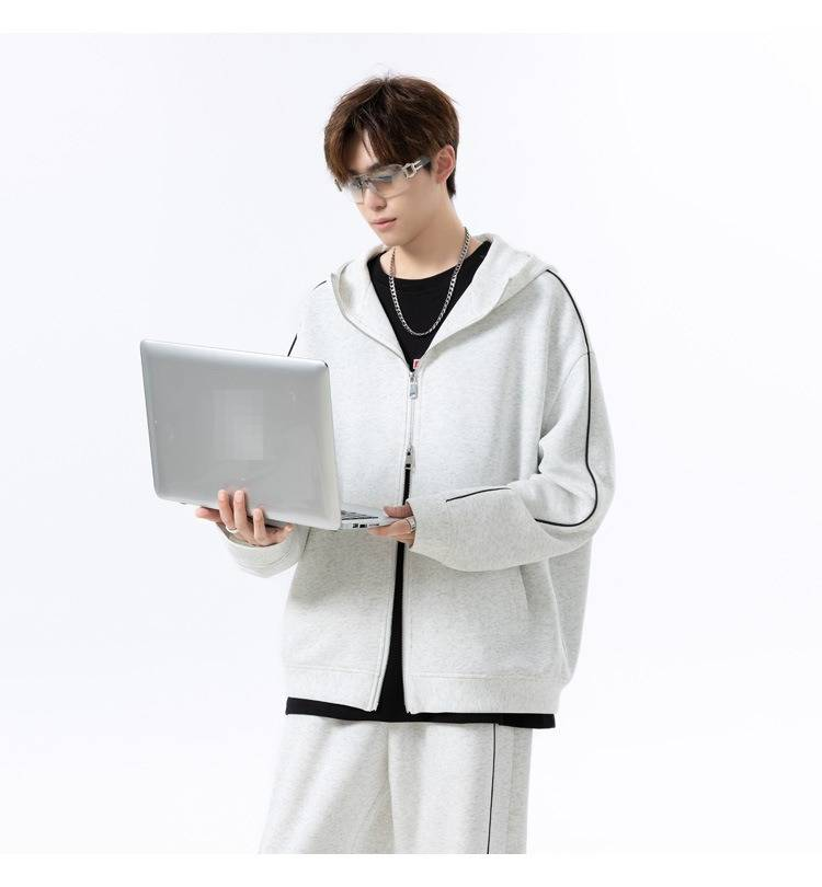 Reflective Stripe Hooded Sweatshirt & Jogger Pants Set For Men - Breathable Cotton Blend, Unisex Athletic Two-Piece Outfit (White Grey/Black, M-5XL)_voghion.com