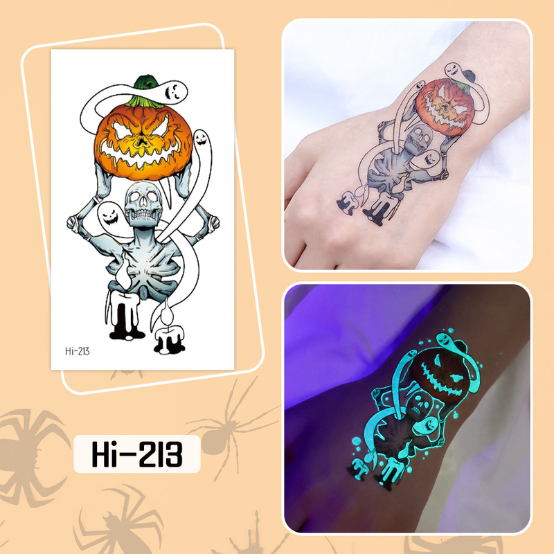 Adesivi per tatuaggi temporanei luminosi di Halloween, cartoni animati, zucca, teschio e farfalla per bambini._voghion.com