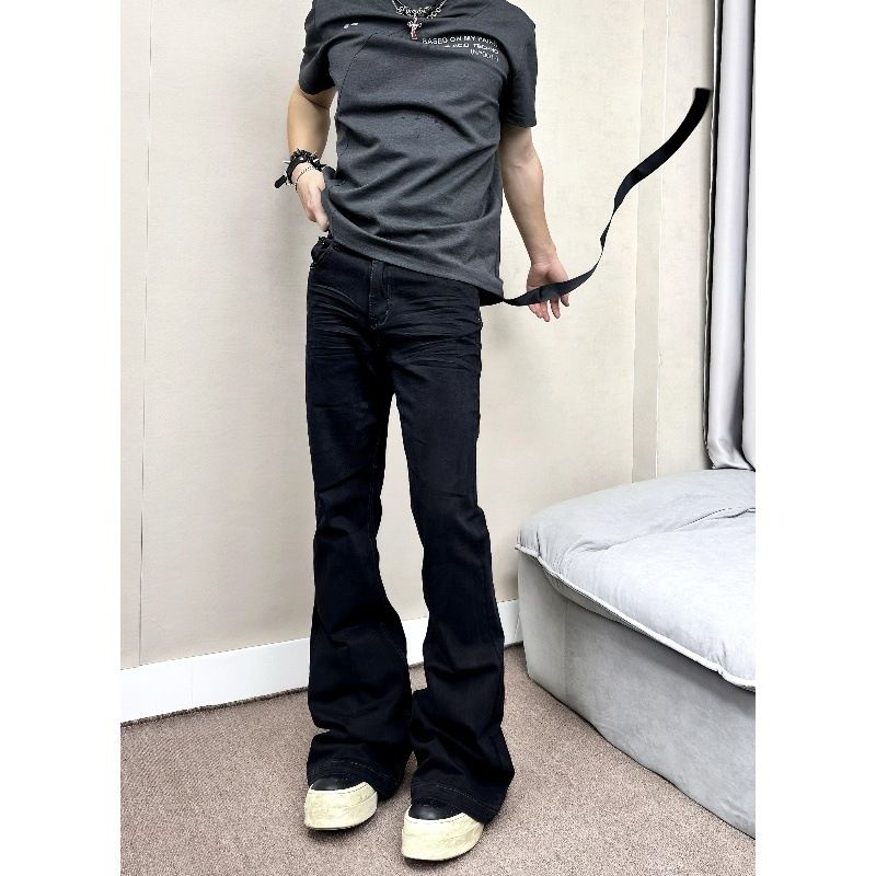 Pantaloni elasticizzati con nastro stile Ro da uomo, pantaloni in denim svasati e a strati, stile High Street Cleanfit, tendenza maschile_voghion.com