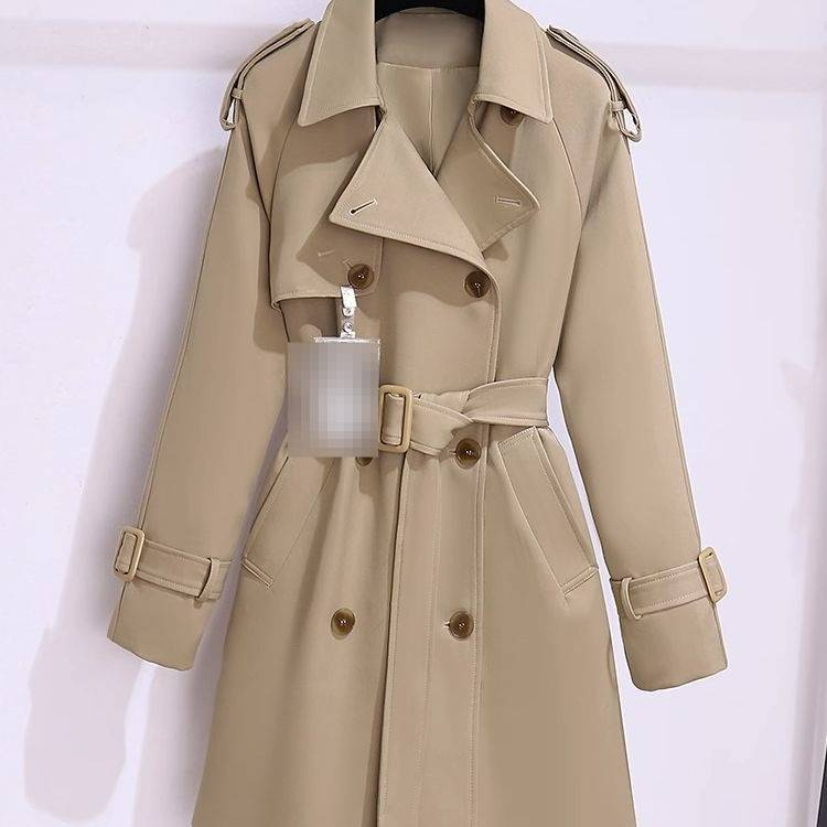 Klassieke trenchcoat voor dames, voor kleine vrouwen - Britse stijl, middellange jas met inkeping in de kraag en knoopdetail (kaki/zwart)_voghion.com