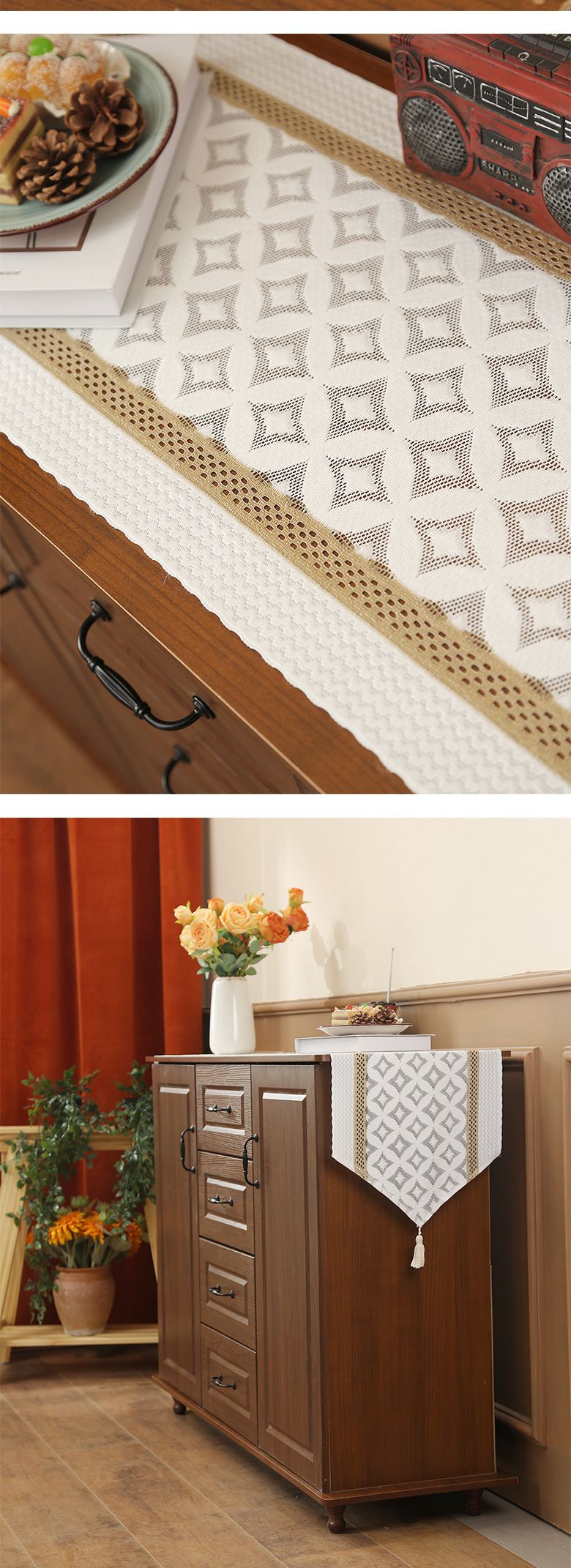 Elegant Lace Table Runner - Vintage Farmhouse Cover For Sideboard TV Stand & Coffee Table (150x40cm Boho Chic Decor Handmade Crochet Washable Cotton)_voghion.com