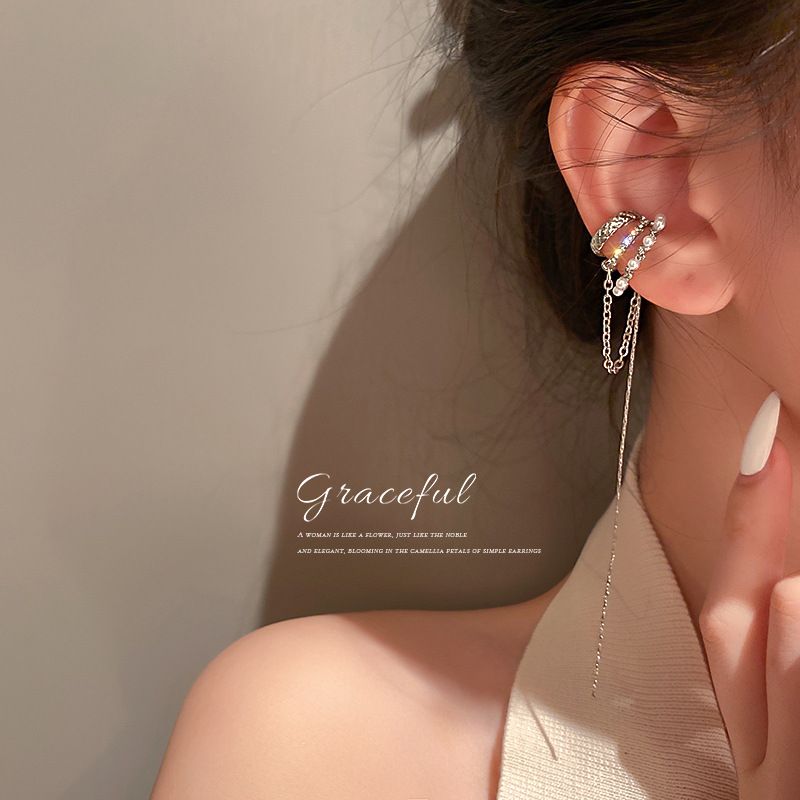 Koreanische einfache einzelne eingelegte Diamantperle, nicht durchbohrte Manschette, lange Quaste, Clip-Ohrringe, eleganter Ohrschmuck_voghion.com