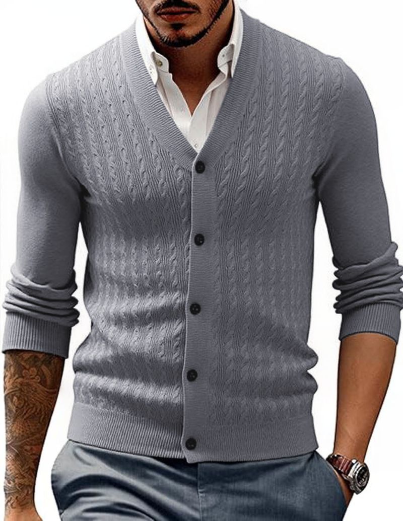 Herren-Cardigan mit V-Ausschnitt und Zopfmuster | Slim Fit-Pullover mit Knopfleiste (M-5XL, 8 Farben)_voghion.com