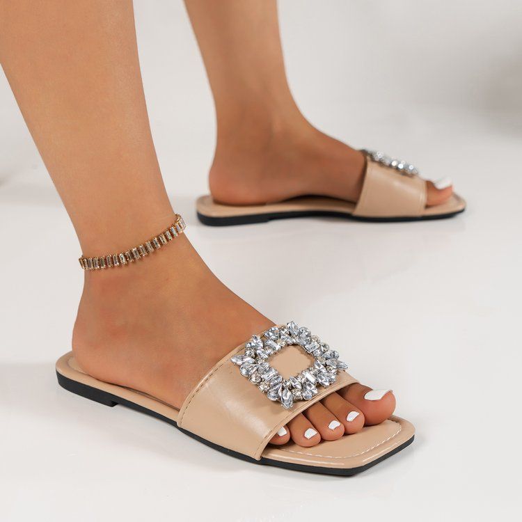 Dame Store Tøfler Sommer Nyt Overtøj Headed Water Diamond Firkantet Spænde Flad Hæl Strand Cool Sko_voghion.com
