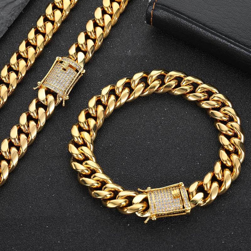 Männerschmuck Titanstahlschmuck Hip Hop Zirkon Duebelsäiteg Diamantschnalle Ronn Schleifen Verschlësselung Edelstahl Kubanesch Kette Männerhalskette_voghion.com
