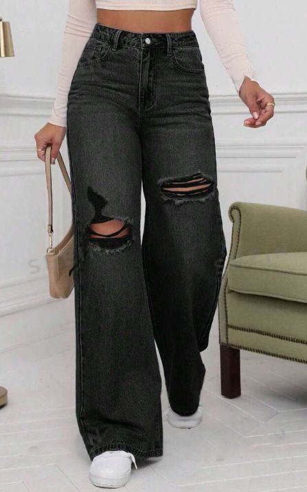 Abbigliamento da donna Pantaloni a gamba larga semplici e strappati alla moda versatili_voghion.com