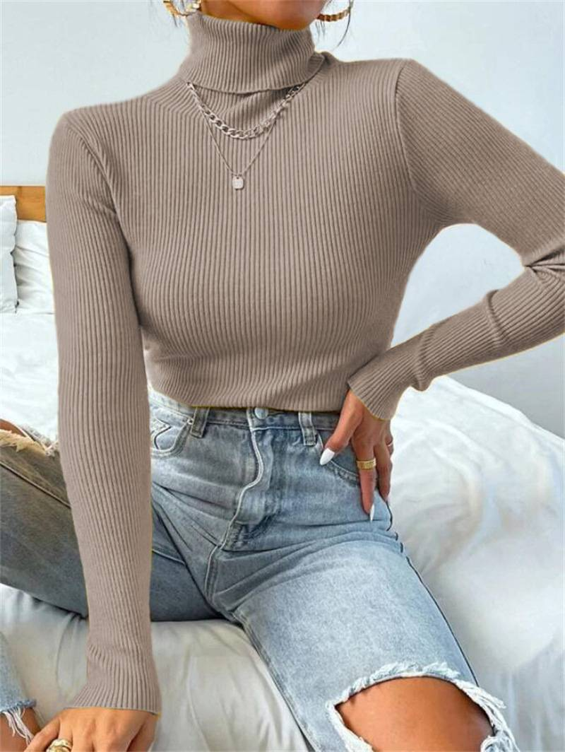 2024 Autumn Winter Women Long Sleeve Knitted Foldover Turtleneck Ribbed Pull Sweater Soft Warm Femme Jumper Pullover Clothes_voghion.com