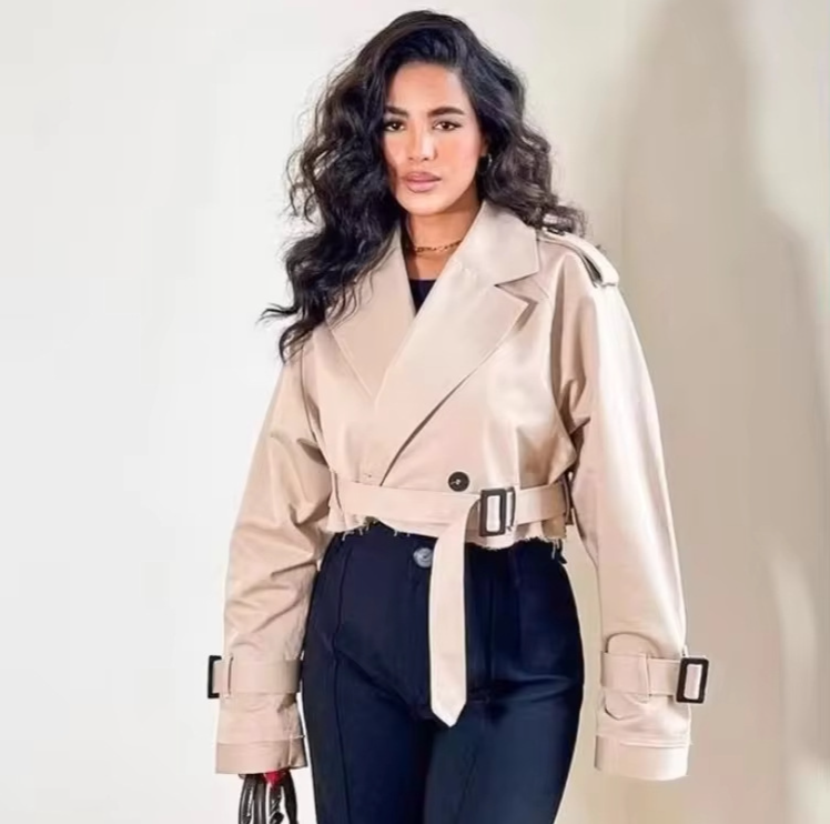 Trench corto da donna – Giacca blazer casual slim fit con cintura, doppiopetto (nero, cachi, marrone scuro, blu navy, verde militare)_voghion.com