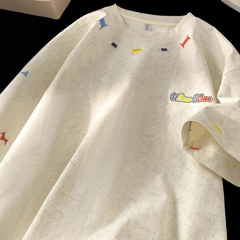 Premium gewassen katoenen T-shirt - oversized vintage ronde hals met contrasterende stiksels en geborduurde letters (M-3XL, ademend)_voghion.com