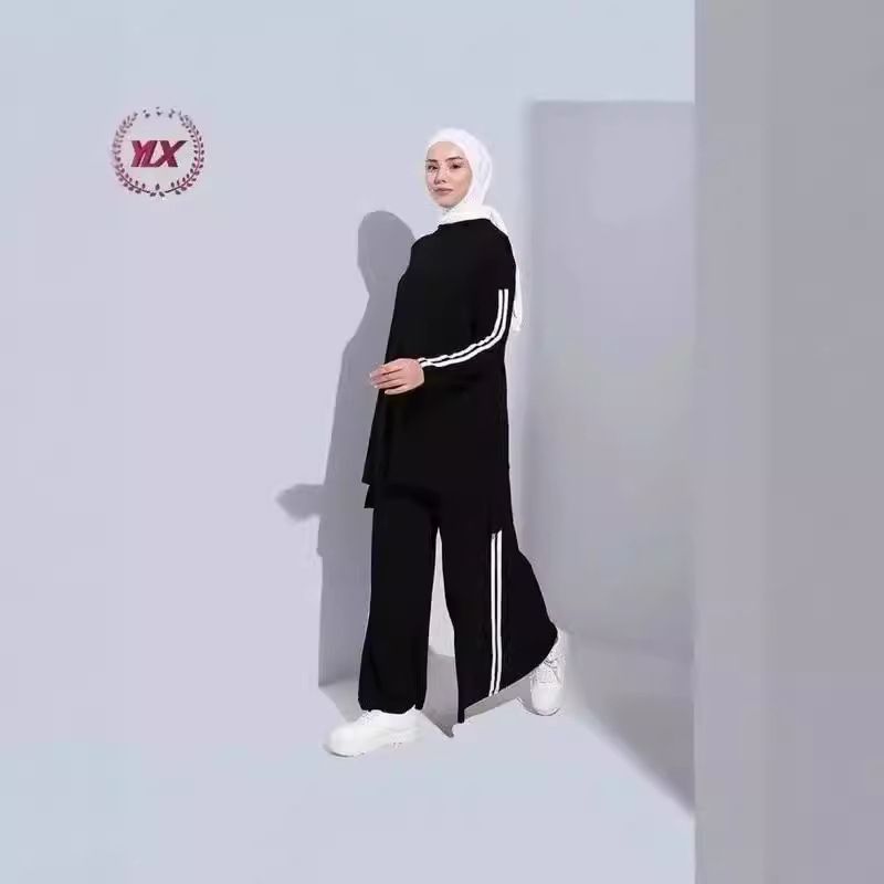 Vintage Autumn Muslim Women's Outfit – High Waist Wide Leg Pants & Top Set (Flowy, Modest, Polyester-Spandex, Elegant Casual)_voghion.com
